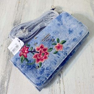 🆕 Guess Crossbody Purse/wallet Jean Embroidery Flowers #W1